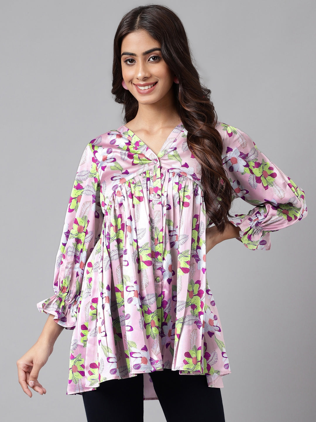 Janasya Women's Lavender Satin Digital Floral Printed Casual Flared Top - Distacart
