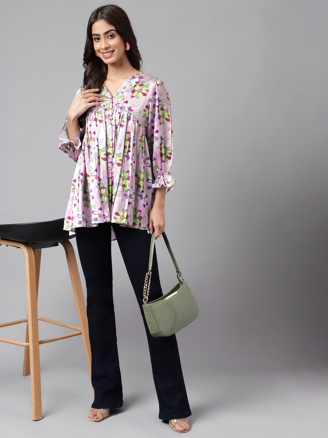 Janasya Women's Lavender Satin Digital Floral Printed Casual Flared Top - Distacart