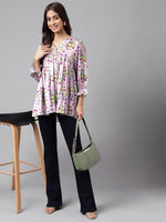 Thumbnail for Janasya Women's Lavender Satin Digital Floral Printed Casual Flared Top - Distacart