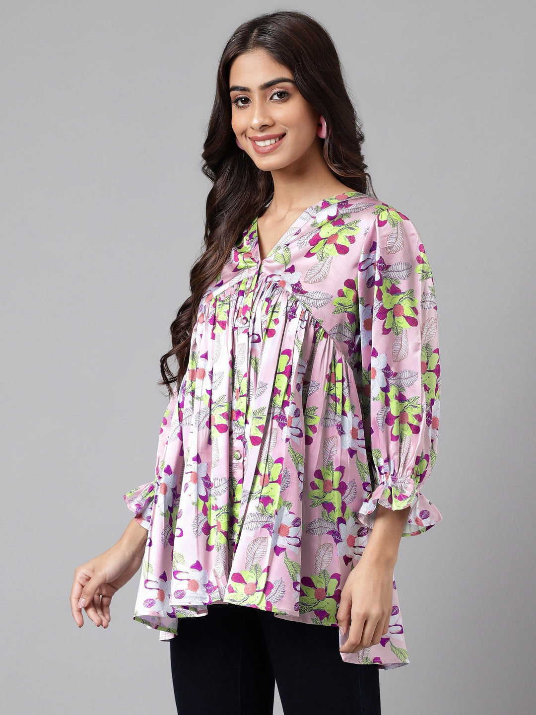 Janasya Women's Lavender Satin Digital Floral Printed Casual Flared Top - Distacart