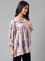 Thumbnail for Janasya Women's Lavender Satin Digital Floral Printed Casual Flared Top - Distacart