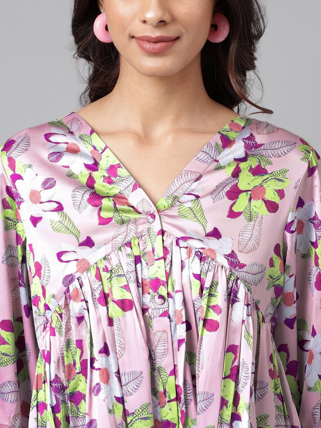 Janasya Women's Lavender Satin Digital Floral Printed Casual Flared Top - Distacart