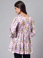 Thumbnail for Janasya Women's Lavender Satin Digital Floral Printed Casual Flared Top - Distacart