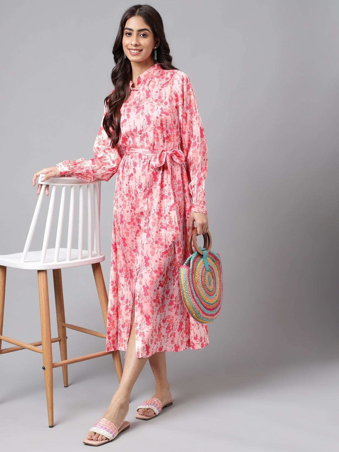 Janasya Women's Peach Satin Digital Floral Printed A-line Casual Dress - Distacart