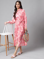 Thumbnail for Janasya Women's Peach Satin Digital Floral Printed A-line Casual Dress - Distacart