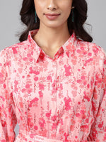 Thumbnail for Janasya Women's Peach Satin Digital Floral Printed A-line Casual Dress - Distacart