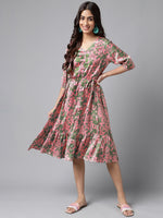 Thumbnail for Janasya Women's Pink Satin Digital Floral Printed A-line Ethnic Dress - Distacart