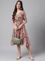 Thumbnail for Janasya Women's Pink Satin Digital Floral Printed A-line Ethnic Dress - Distacart