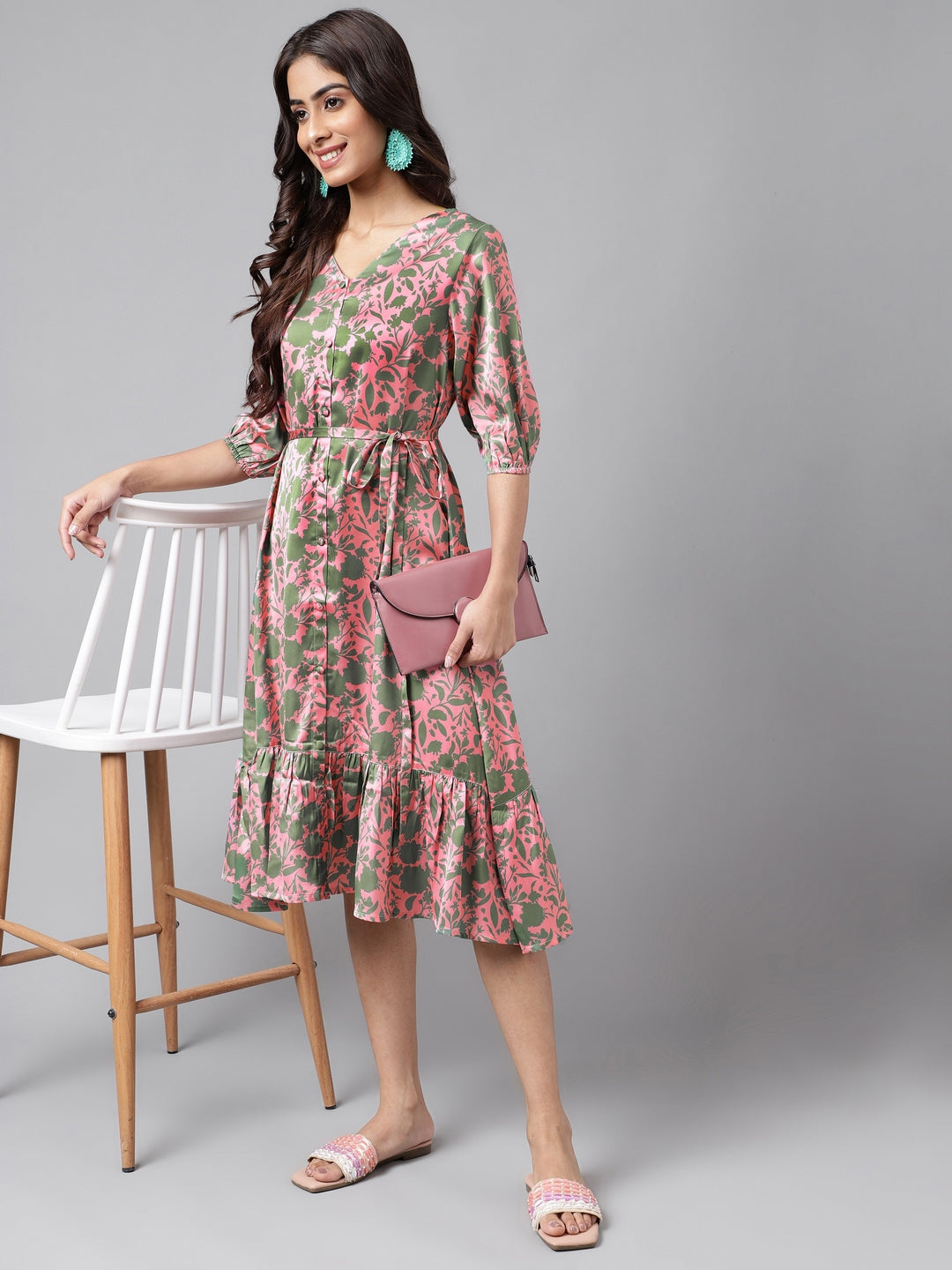 Janasya Women's Pink Satin Digital Floral Printed A-line Ethnic Dress - Distacart