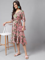 Thumbnail for Janasya Women's Pink Satin Digital Floral Printed A-line Ethnic Dress - Distacart