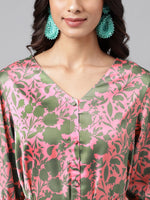 Thumbnail for Janasya Women's Pink Satin Digital Floral Printed A-line Ethnic Dress - Distacart