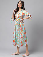 Thumbnail for Janasya Women's Orange Satin Digital Floral Printed Flared Casual Dress - Distacart