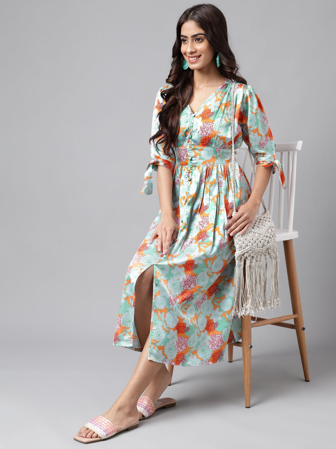 Janasya Women's Orange Satin Digital Floral Printed Flared Casual Dress - Distacart