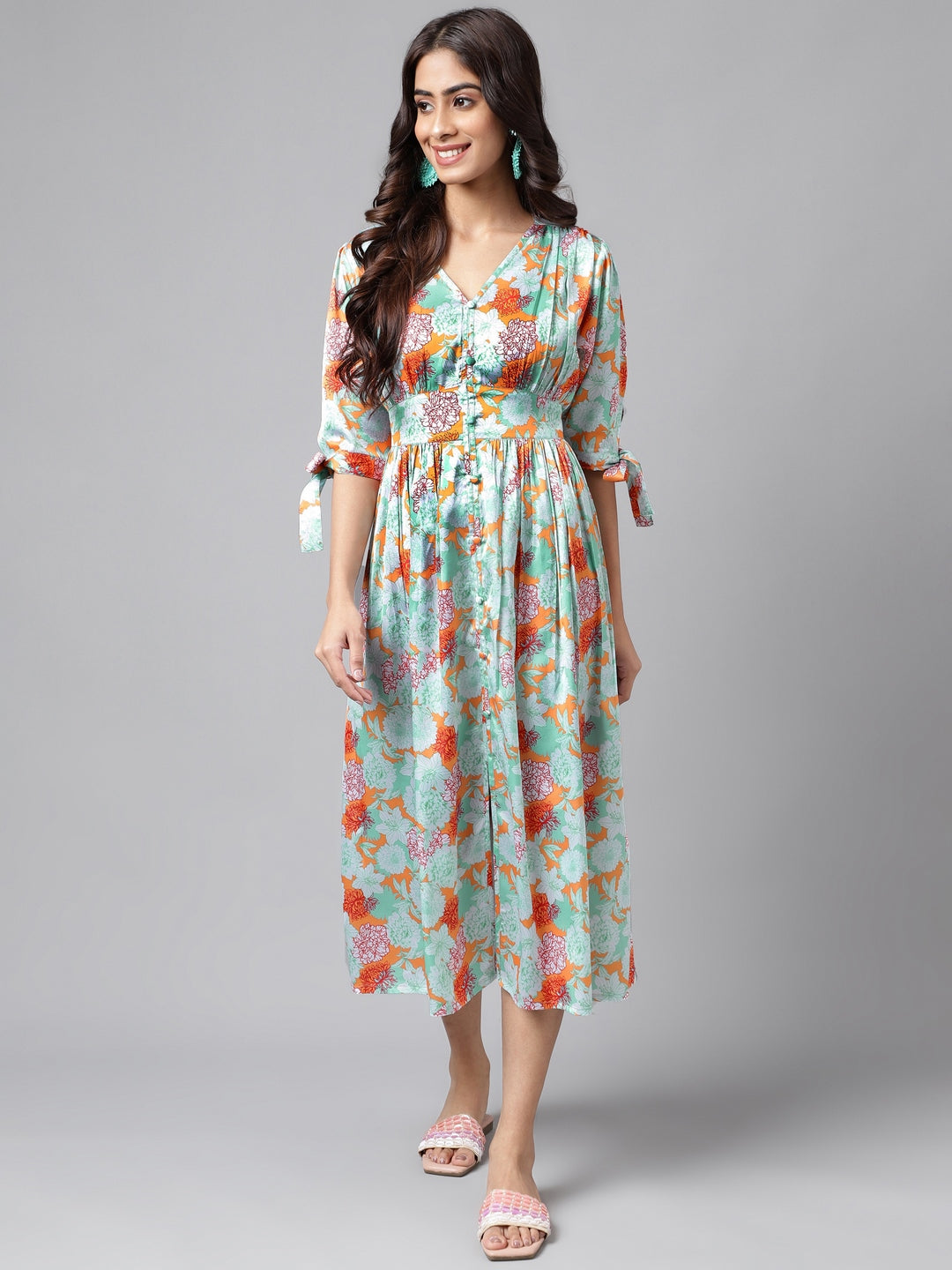 Janasya Women's Orange Satin Digital Floral Printed Flared Casual Dress - Distacart