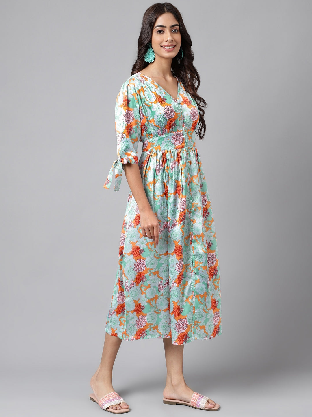 Janasya Women's Orange Satin Digital Floral Printed Flared Casual Dress - Distacart