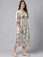 Thumbnail for Janasya Women's Orange Satin Digital Floral Printed Flared Casual Dress - Distacart