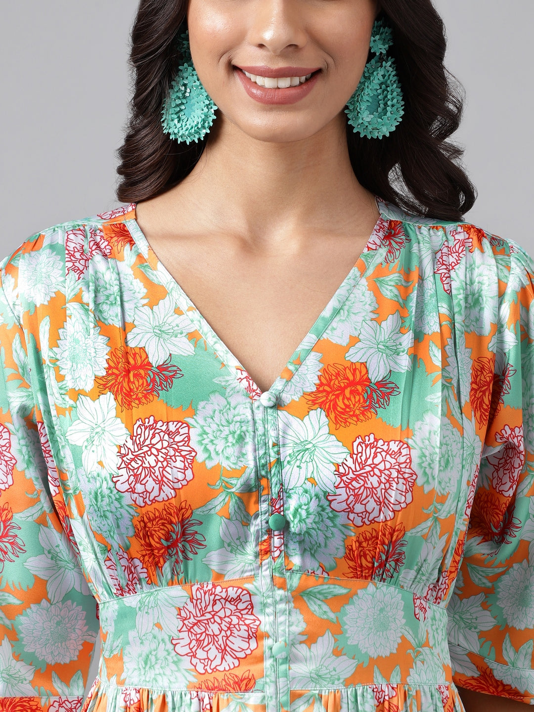 Janasya Women's Orange Satin Digital Floral Printed Flared Casual Dress - Distacart