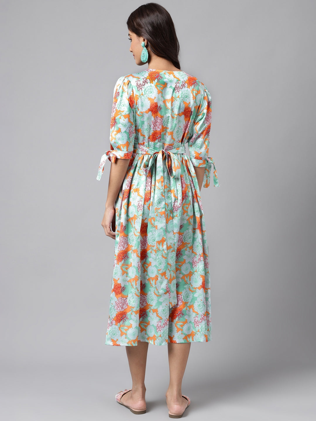 Janasya Women's Orange Satin Digital Floral Printed Flared Casual Dress - Distacart