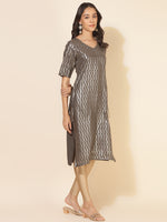 Thumbnail for Janasya Grey Crepe Foil Printed Festive Kurta - Distacart