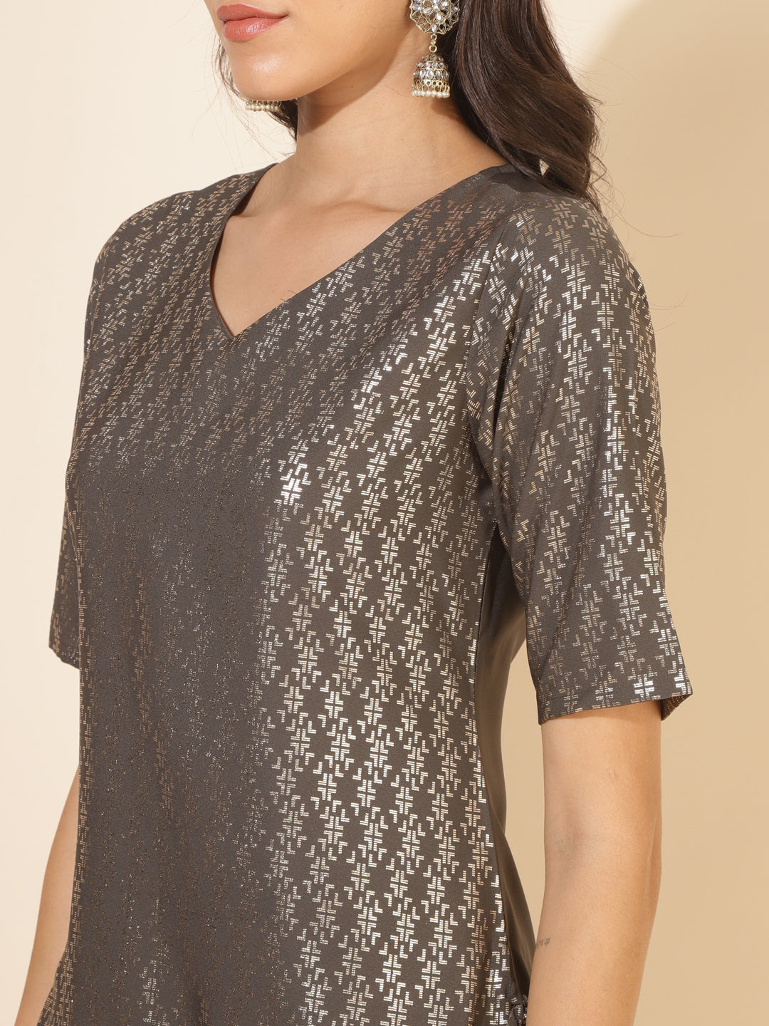 Janasya Grey Crepe Foil Printed Festive Kurta - Distacart