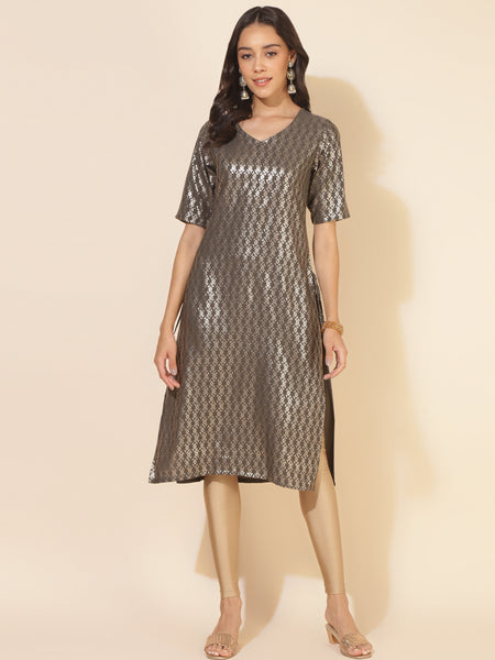 Janasya Grey Crepe Foil Printed Festive Kurta - Distacart