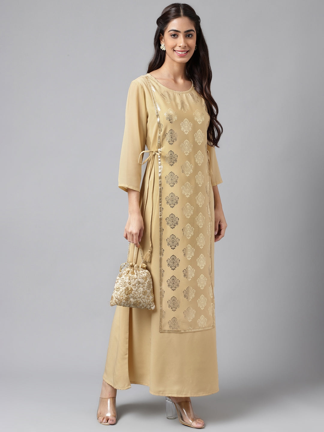 Janasya Women's Beige Crepe Embellished Festive A-Line Kurta - Distacart