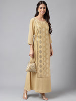 Thumbnail for Janasya Women's Beige Crepe Embellished Festive A-Line Kurta - Distacart