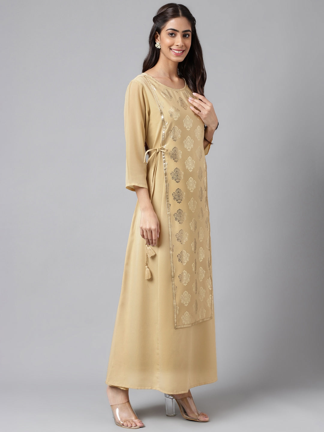 Janasya Women's Beige Crepe Embellished Festive A-Line Kurta - Distacart