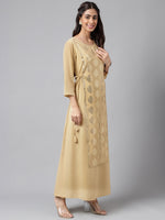 Thumbnail for Janasya Women's Beige Crepe Embellished Festive A-Line Kurta - Distacart