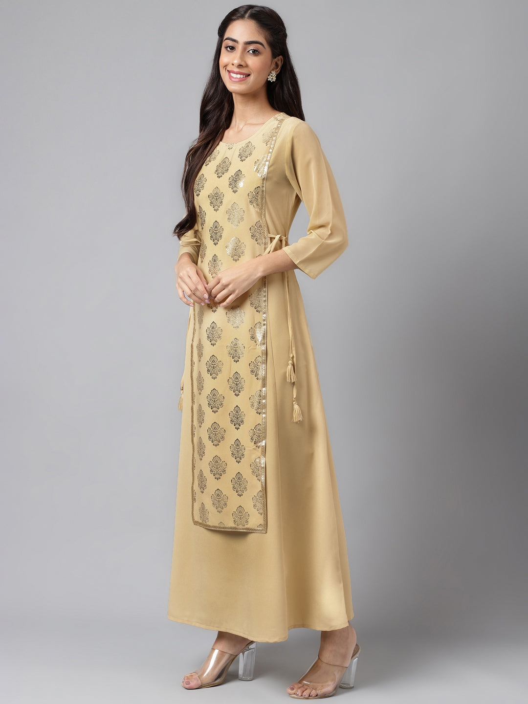 Janasya Women's Beige Crepe Embellished Festive A-Line Kurta - Distacart