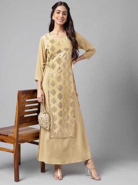 Janasya Women's Beige Crepe Embellished Festive A-Line Kurta - Distacart