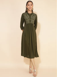 Thumbnail for Janasya Olive Rayon Yoke Embroidered Casual Kurta - Distacart