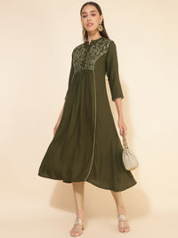 Thumbnail for Janasya Olive Rayon Yoke Embroidered Casual Kurta - Distacart