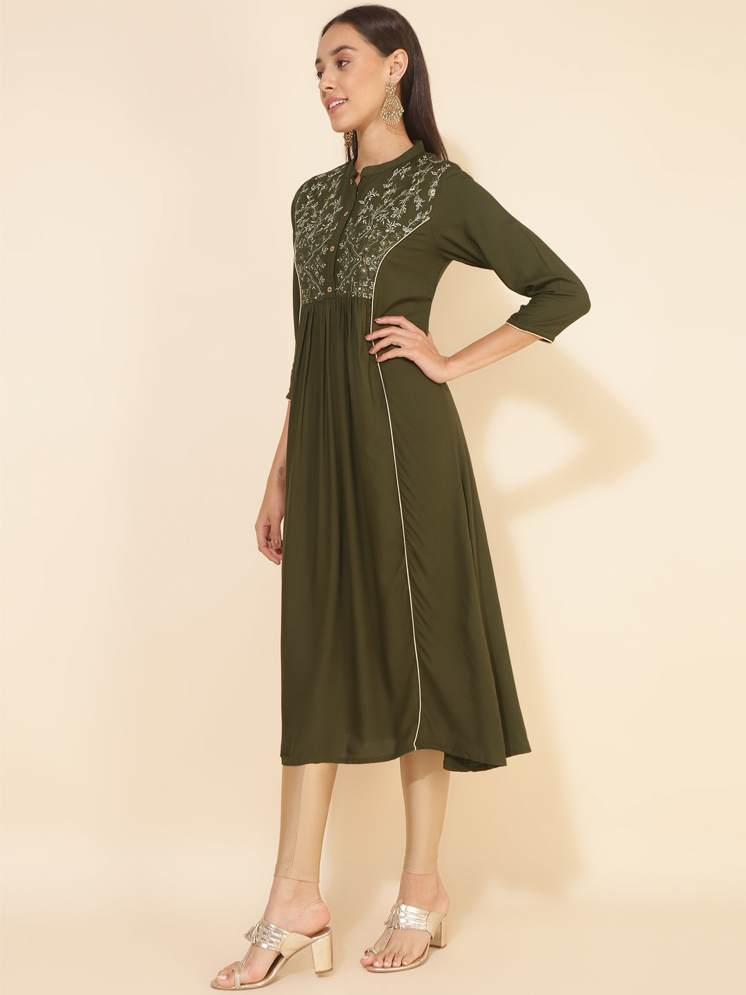 Janasya Olive Rayon Yoke Embroidered Casual Kurta - Distacart