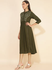 Thumbnail for Janasya Olive Rayon Yoke Embroidered Casual Kurta - Distacart