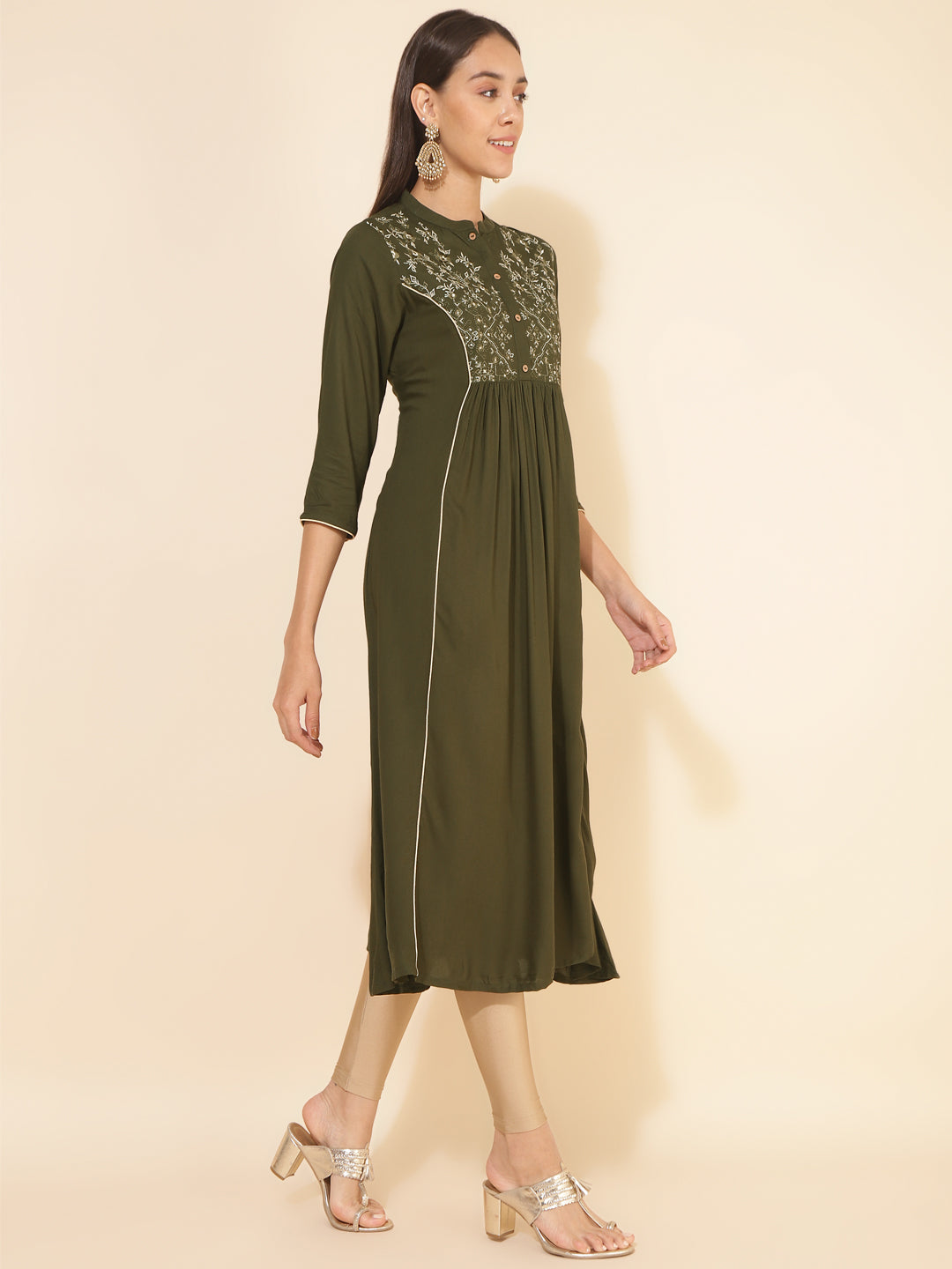Janasya Olive Rayon Yoke Embroidered Casual Kurta - Distacart