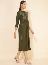 Thumbnail for Janasya Olive Rayon Yoke Embroidered Casual Kurta - Distacart