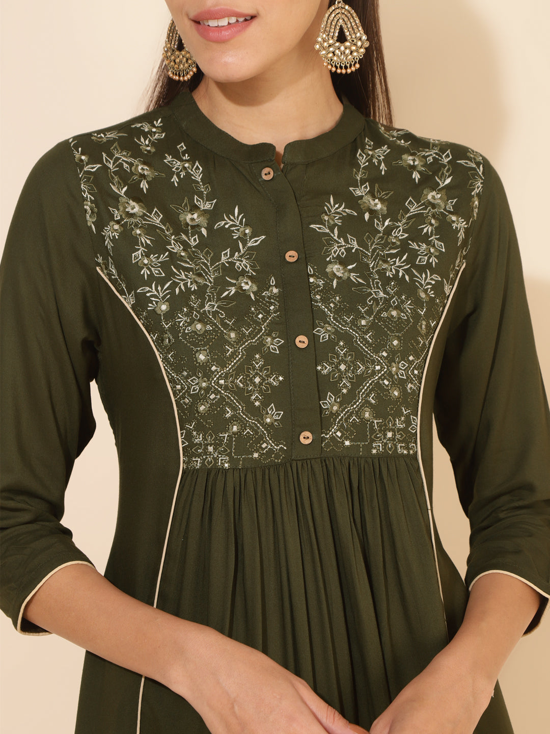 Janasya Olive Rayon Yoke Embroidered Casual Kurta - Distacart