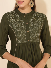 Thumbnail for Janasya Olive Rayon Yoke Embroidered Casual Kurta - Distacart