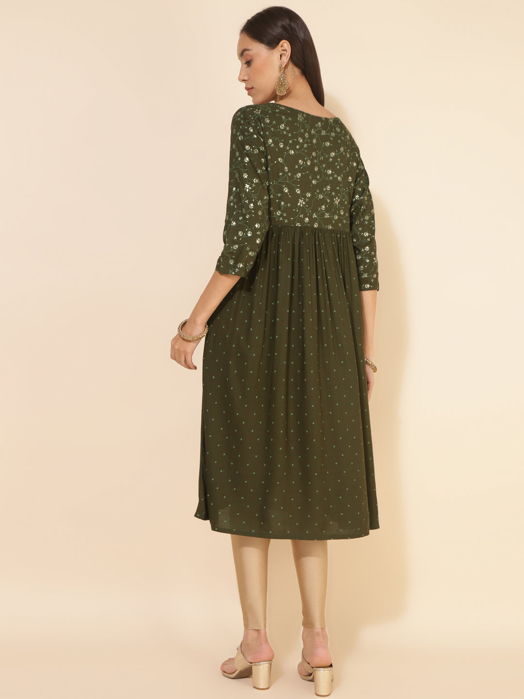 Janasya Olive Rayon Yoke Foil Printed Festive Kurta - Distacart