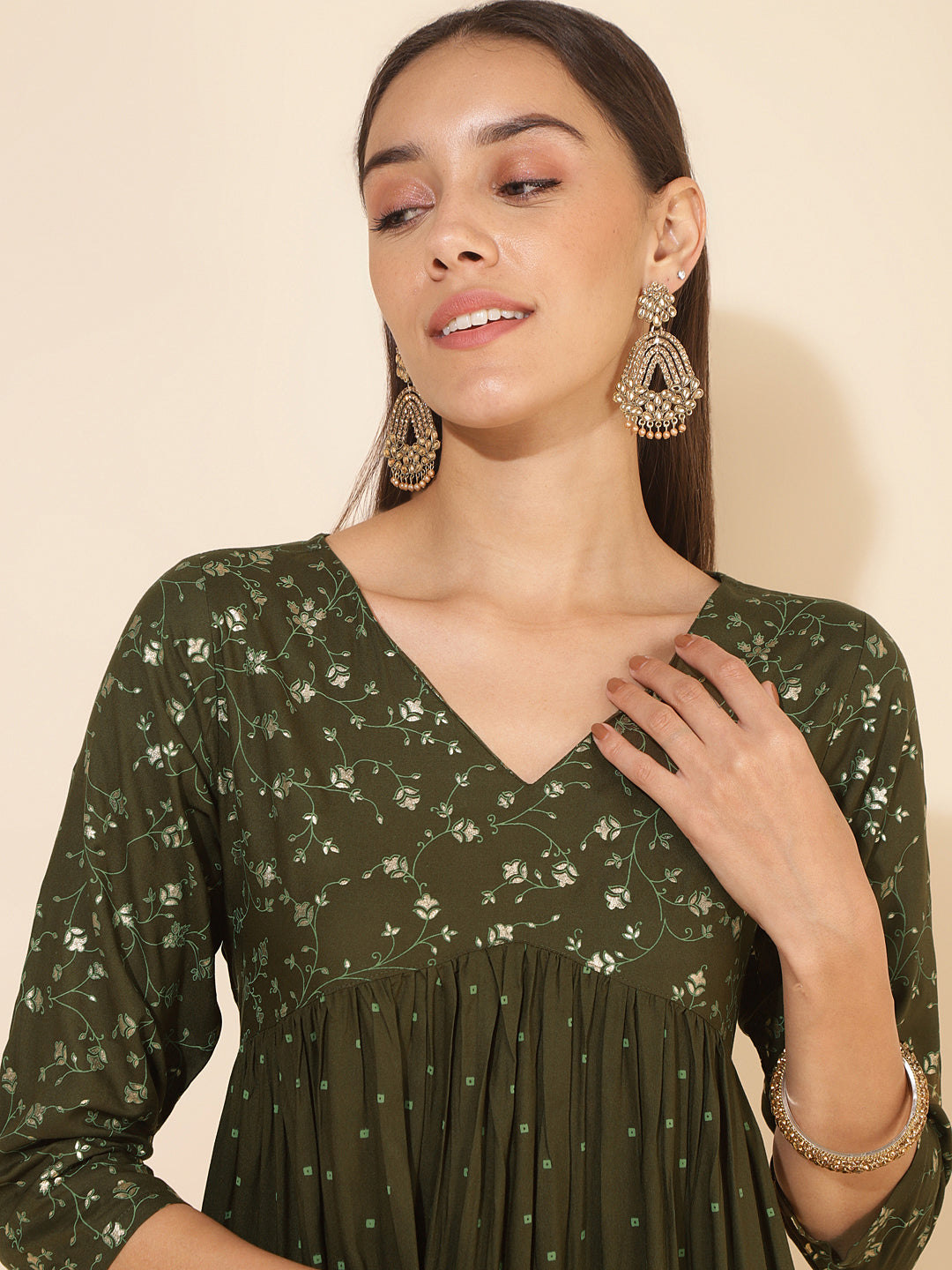 Janasya Olive Rayon Yoke Foil Printed Festive Kurta - Distacart