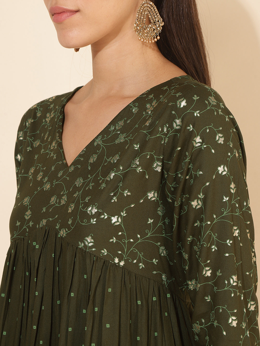 Janasya Olive Rayon Yoke Foil Printed Festive Kurta - Distacart