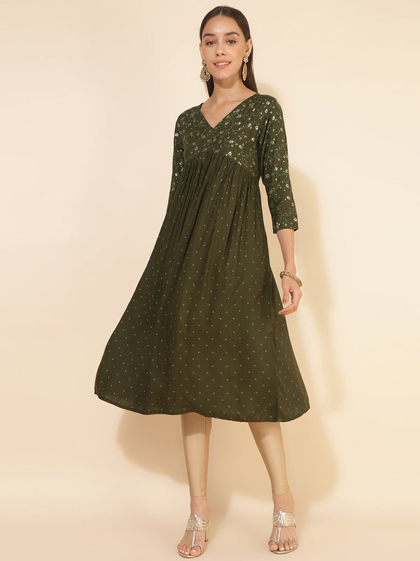 Janasya Olive Rayon Yoke Foil Printed Festive Kurta - Distacart