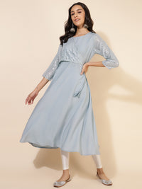 Thumbnail for Janasya Grey Crepe Foil Printed Festive Kurta - Distacart