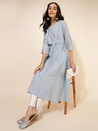 Thumbnail for Janasya Grey Crepe Foil Printed Festive Kurta - Distacart
