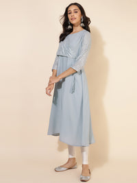 Thumbnail for Janasya Grey Crepe Foil Printed Festive Kurta - Distacart