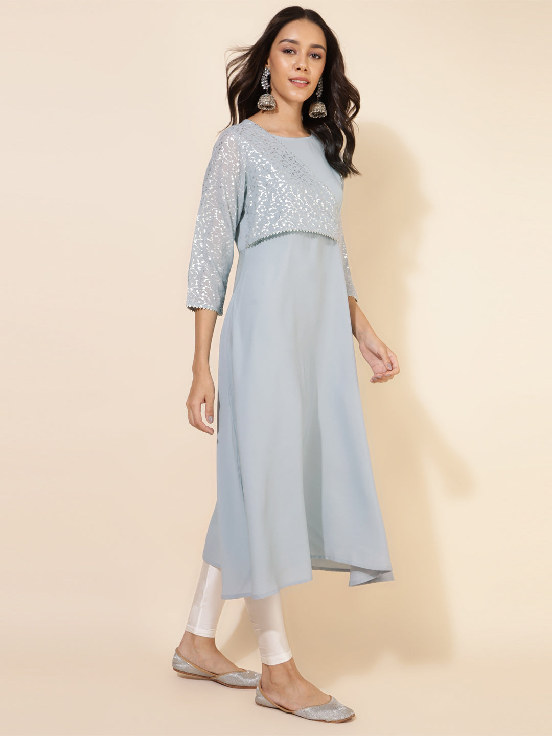 Janasya Grey Crepe Foil Printed Festive Kurta - Distacart