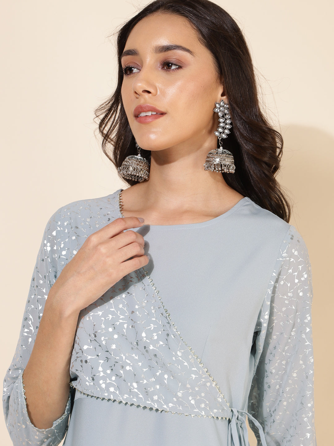 Janasya Grey Crepe Foil Printed Festive Kurta - Distacart