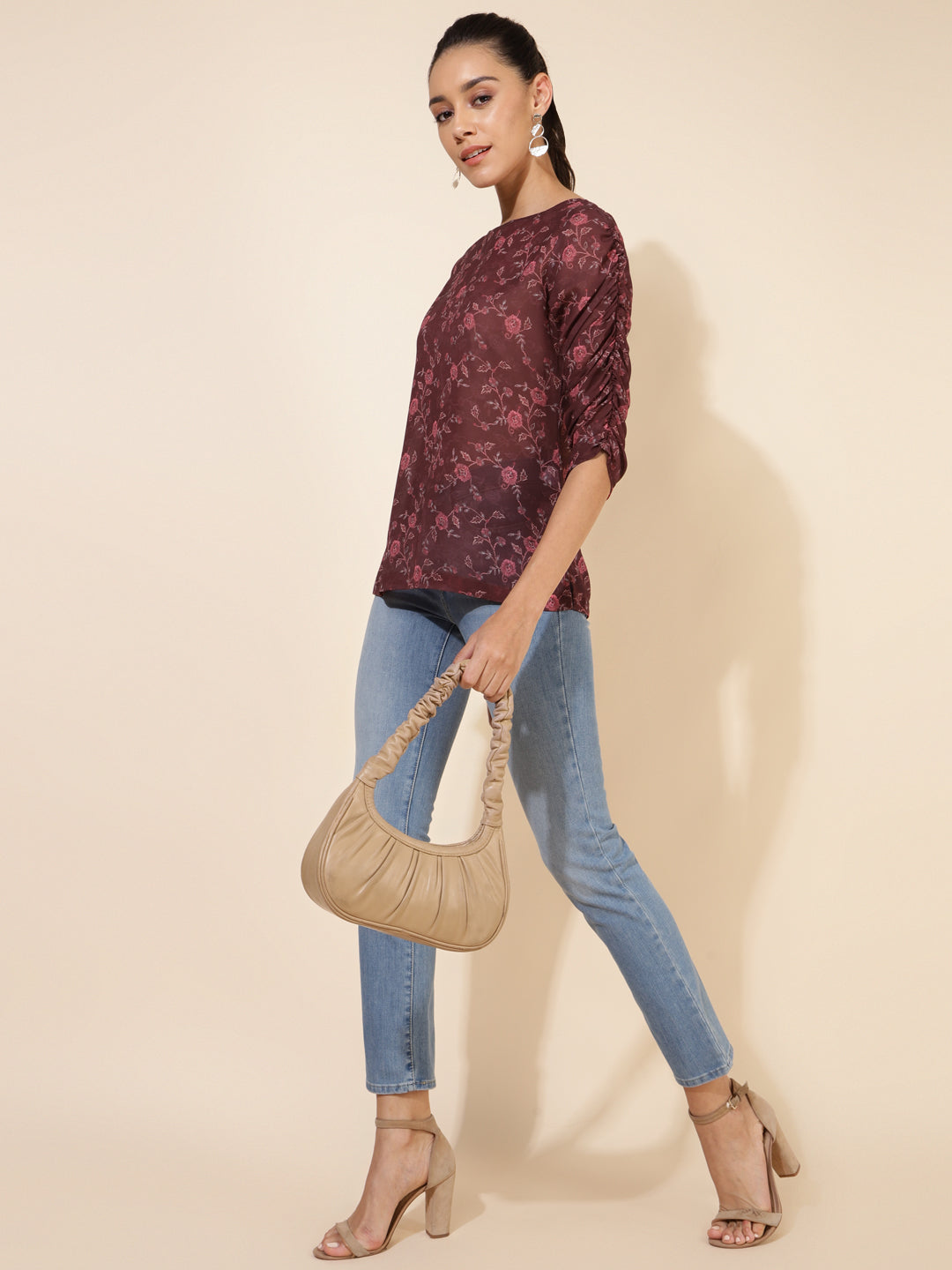 Janasya Women's Brown Georgette Floral Printed Casual Top - Distacart