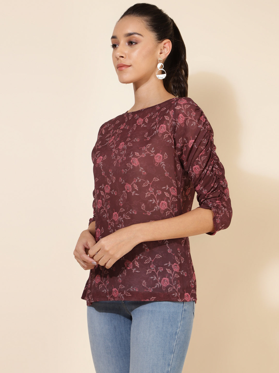 Janasya Women's Brown Georgette Floral Printed Casual Top - Distacart